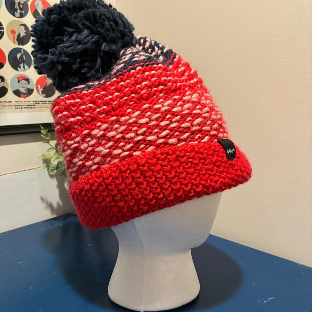 Orage Red & Blue Chunky Knit Fleece Lined Pompom Beanie Adult M Ski Outdoor